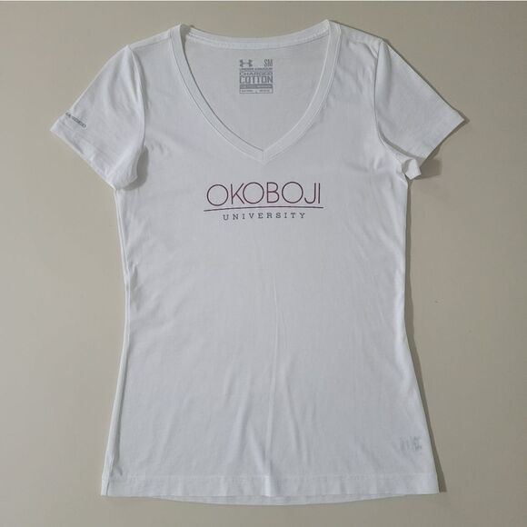 Under Armour Women's White V-neck Short Sleeve University Okobogi T-shirt - Picture 1 of 13